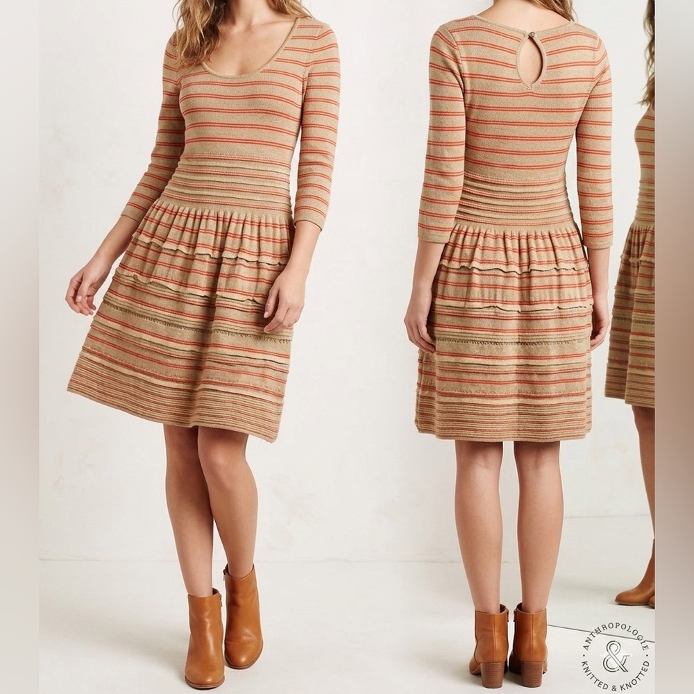 Anthropologie Knitted & Knotted Elodie Sweater Dress Scoop-Neck in Beige Coral S